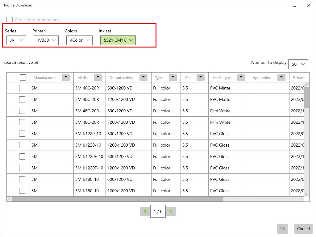 Screen for specifying the model and inkset of the profile you want to install