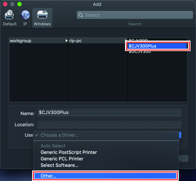 Add Printer screen with Other selected from the driver menu.