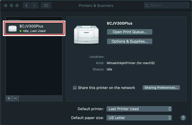 Print and Scanner screen with the selected printer displayed